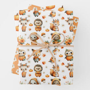 Süße Waldtiere, Kürbisse, Gänseblümchen Herbst Geschenkpapier Set