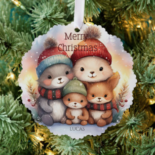 Süße Waldtierfamilie Frohe Weihnachten Papier Ornament Karte
