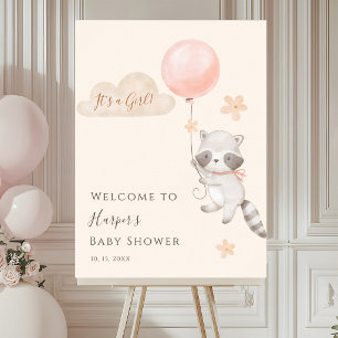 Süße Waschbär-Flugballon-Baby-Shower-Willkommen Poster