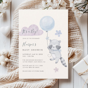 Süße Waschbär-Flugballon-Junge-Baby-Party Einladung