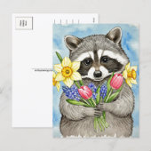 Süße Waschbär mit Frühlingsblumen Postkarte (Vorne/Hinten)
