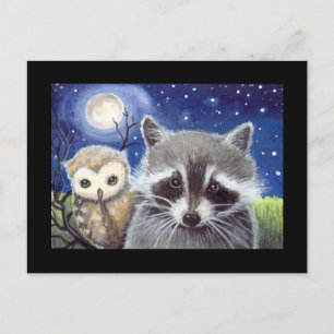 Süße Waschbär- und Eulen-Kunst Postkarte