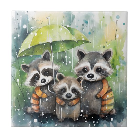 Süße Waschbären im Regen Fliese (Vorderseite)