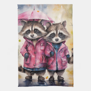 Süße Waschbären im Regen Geschirrtuch