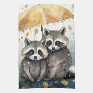 Süße Waschbären im Regen Geschirrtuch