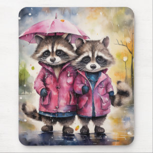 Süße Waschbären im Regen Mousepad