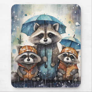 Süße Waschbären im Regen Mousepad