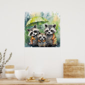 Süße Waschbären im Regen Poster (Küche)