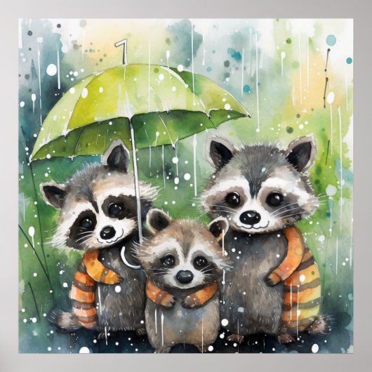 Süße Waschbären im Regen Poster (Vorne)