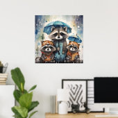 Süße Waschbären im Regen Poster (Heimbüro)