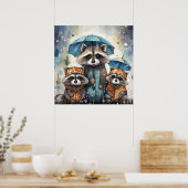 Süße Waschbären im Regen Poster (Küche)