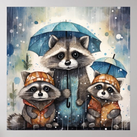 Süße Waschbären im Regen Poster (Vorne)