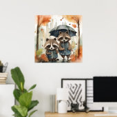 Süße Waschbären im Regen Poster (Heimbüro)