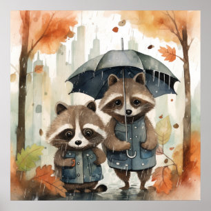 Süße Waschbären im Regen Poster