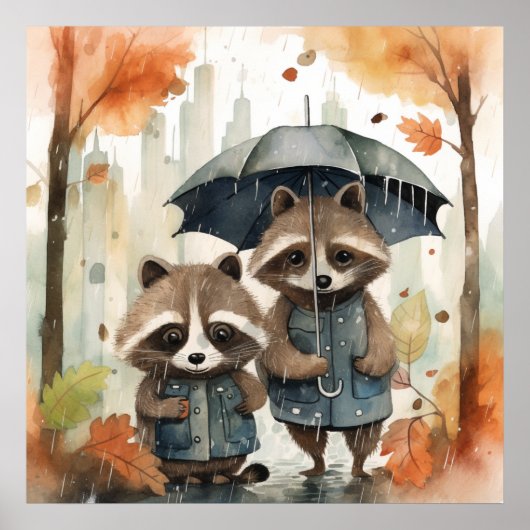 Süße Waschbären im Regen Poster (Vorne)