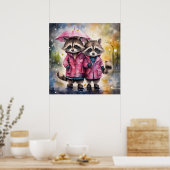 Süße Waschbären im Regen Poster (Küche)