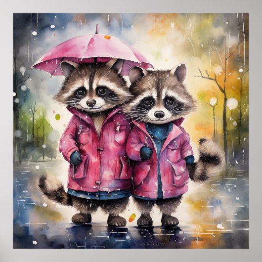 Süße Waschbären im Regen Poster (Vorne)