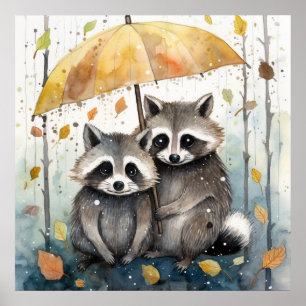 Süße Waschbären im Regen Poster