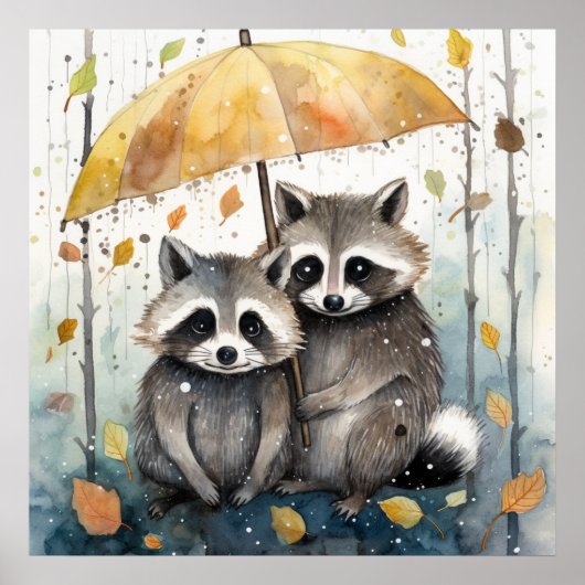 Süße Waschbären im Regen Poster (Vorne)