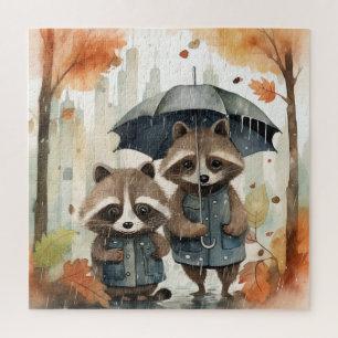 Süße Waschbären im Regen Puzzle