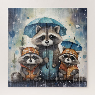 Süße Waschbären im Regen Puzzle