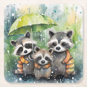 Süße Waschbären im Regen Rechteckiger Pappuntersetzer