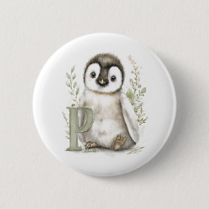 Süße Wasserfarbe-Baby-Tiere-Alphabet-Pinguin Button