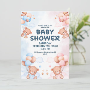 Süße Wasserfarbe Blau Rosa Ballons Teddybär Einladung