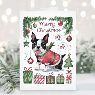 Süße Wasserfarbe Boston Terrier Weihnachtskarte Feiertagskarte