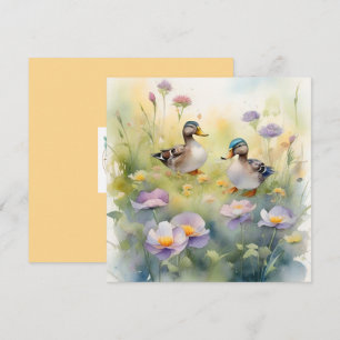 Süße Wasserfarbe-Ente mit Wildblumen leer Feiertagskarte