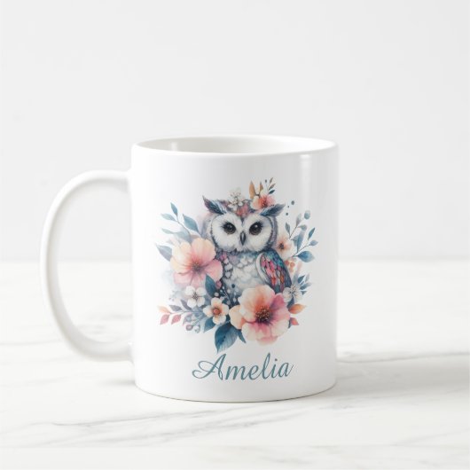 Süße Wasserfarbe Eule Kirschblüten Personalisiert Kaffeetasse (Links)