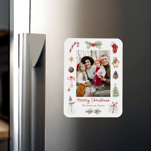 Süße Wasserfarbe Frohe Weihnachten Familienfoto Magnet