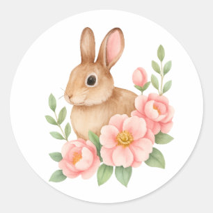 Süße Wasserfarbe-Hase und rosa Blumen Geburtstag Runder Aufkleber