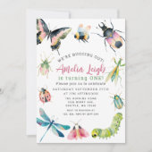 Süße Wasserfarbe-Käfer & Insekten Mädchen 1. Gebur Einladung (Vorderseite)