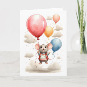 Süße Wasserfarbe-Maus schwebt mit Luftballons leer Karte