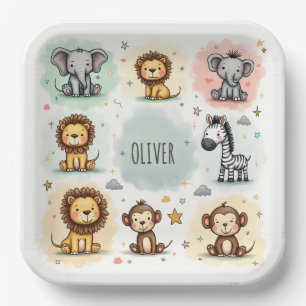 Süße Wasserfarbe-Safari-Tier-Doodle Pappteller
