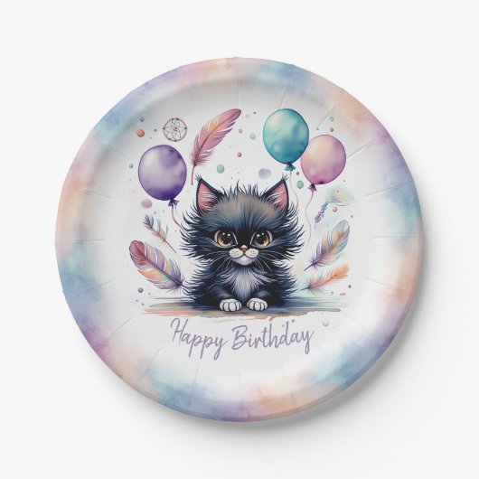 Süße Wasserfarbe Schwarze Kätzchen Ballons Geburts Pappteller (Vorderseite)