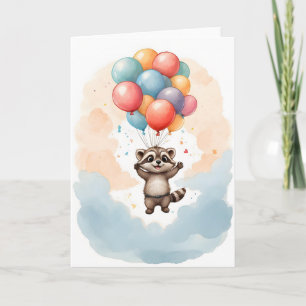 Süße Wasserfarbe Waschbär Bunte Ballons Leer Karte