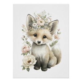 Süße Wasserfarben-Babytiere mit Blumen Poster