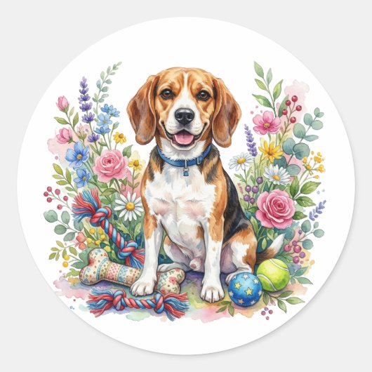 Süße Wasserfarben-Beagle in Blumen Runder Aufkleber (Vorderseite)
