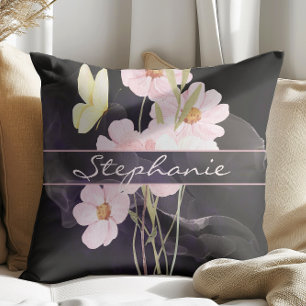 Süße Wasserfarben-Blumen Mit Schmetterling Schwarz Kissen