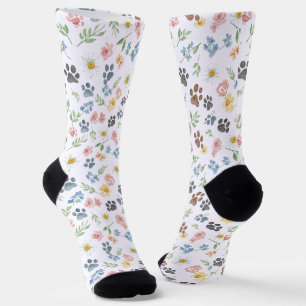 🐾 Süße Wasserfarben-Blumen und Pfotenabdrücke Socken