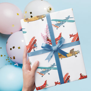 Süße Wasserfarben-Flugzeuge fliegen am Himmel Geschenkpapier