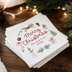 Süße Wasserfarben-Illustrationen Frohe Weihnachten Serviette
