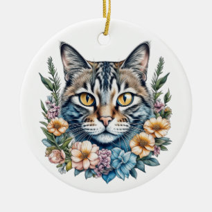 Süße Wasserfarben-Katze mit Blumen Weihnachten Keramik Ornament