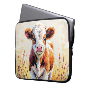 Süße Wasserfarben-Kuh auf einem Blumenfeld Laptopschutzhülle