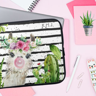 Süße Wasserfarben-Lama Florale Cactus & Streifen Laptopschutzhülle