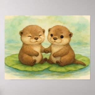 Süße Wasserfarben-Otter, die Händchen halten Poster