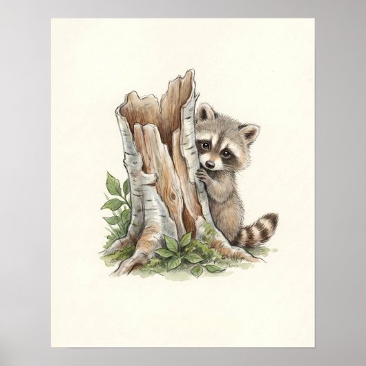Süße Wasserfarben-Peeking-Waschbär-Waldkunst Poster (Vorne)