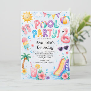 Süße Wasserfarben-Poolparty-Geburtstagsfeier Einladung